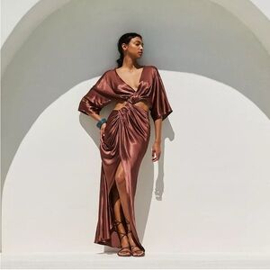 SUBOO Tate Satin Front Cross Draped
Maxi Dress